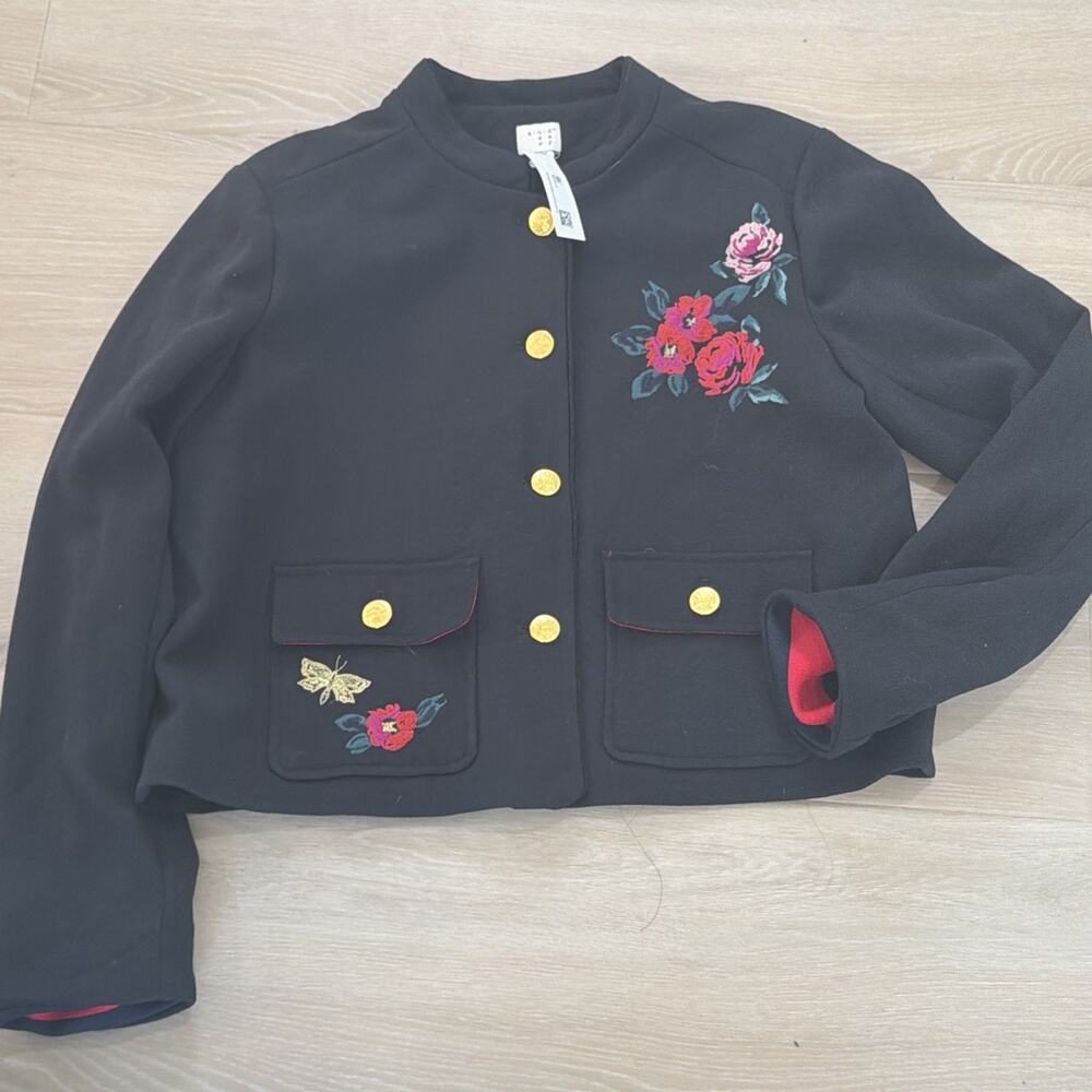 A New Day Black Floral Button Jacket Womens Size 12 Embroidered Flowers Pockets